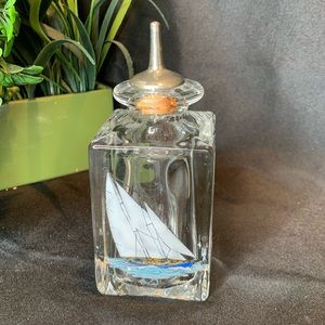 VTG mens glass barber shop cologne bottle w hand painted Schooner signed Carwin